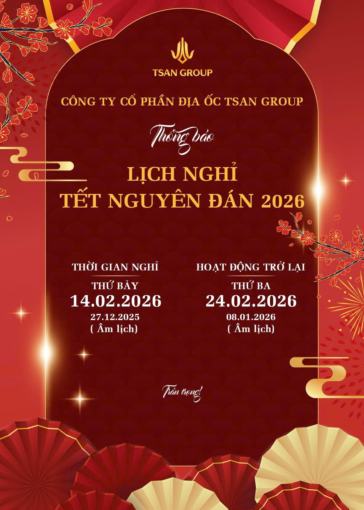 🌸 THÔNG BÁO LỊCH NGHỈ TẾT NGUYÊN ĐÁN 2026 🌸